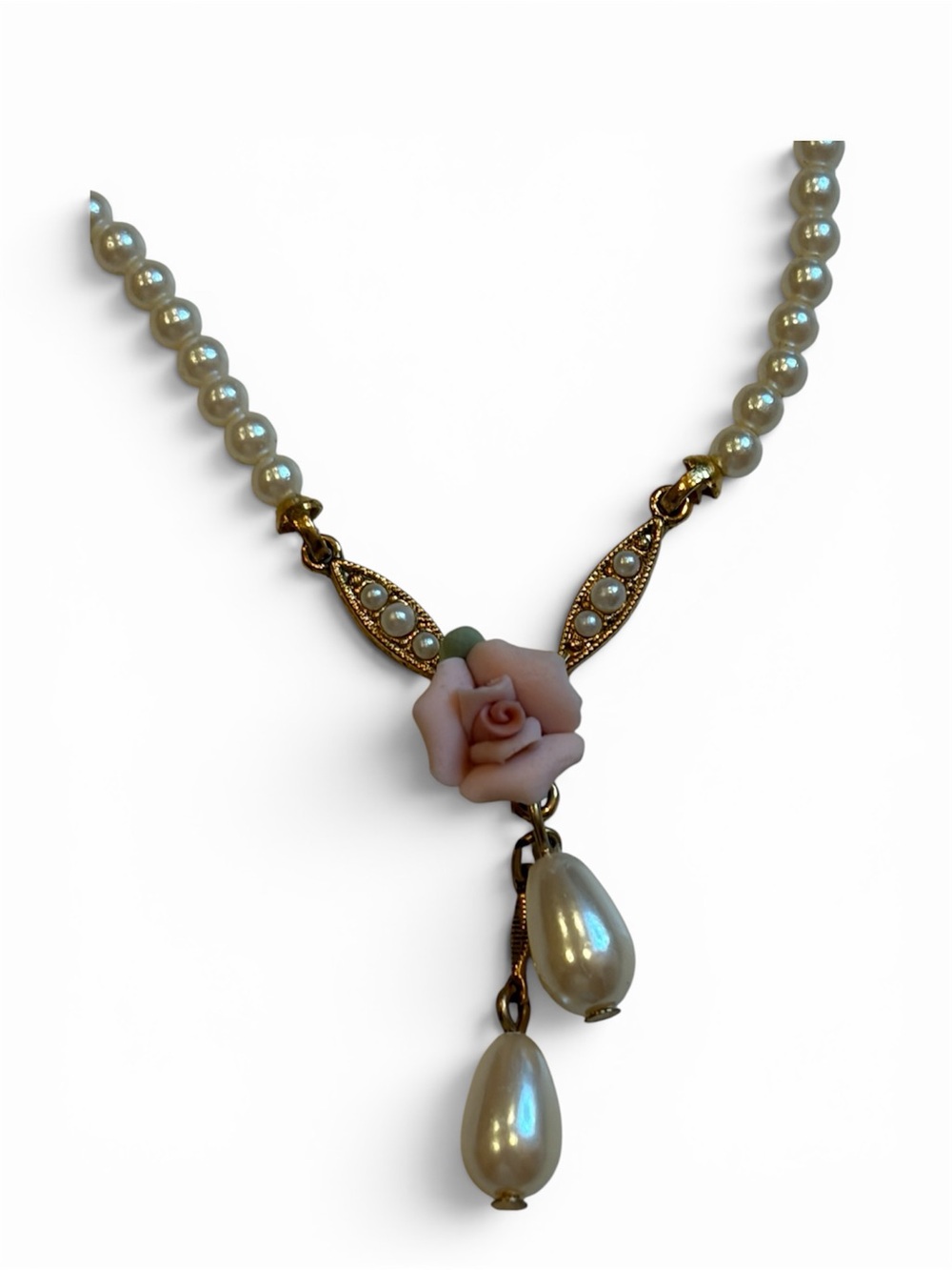 1928 Vintage Delicate Pink Rose Pearl Drop Necklace and earrings Set